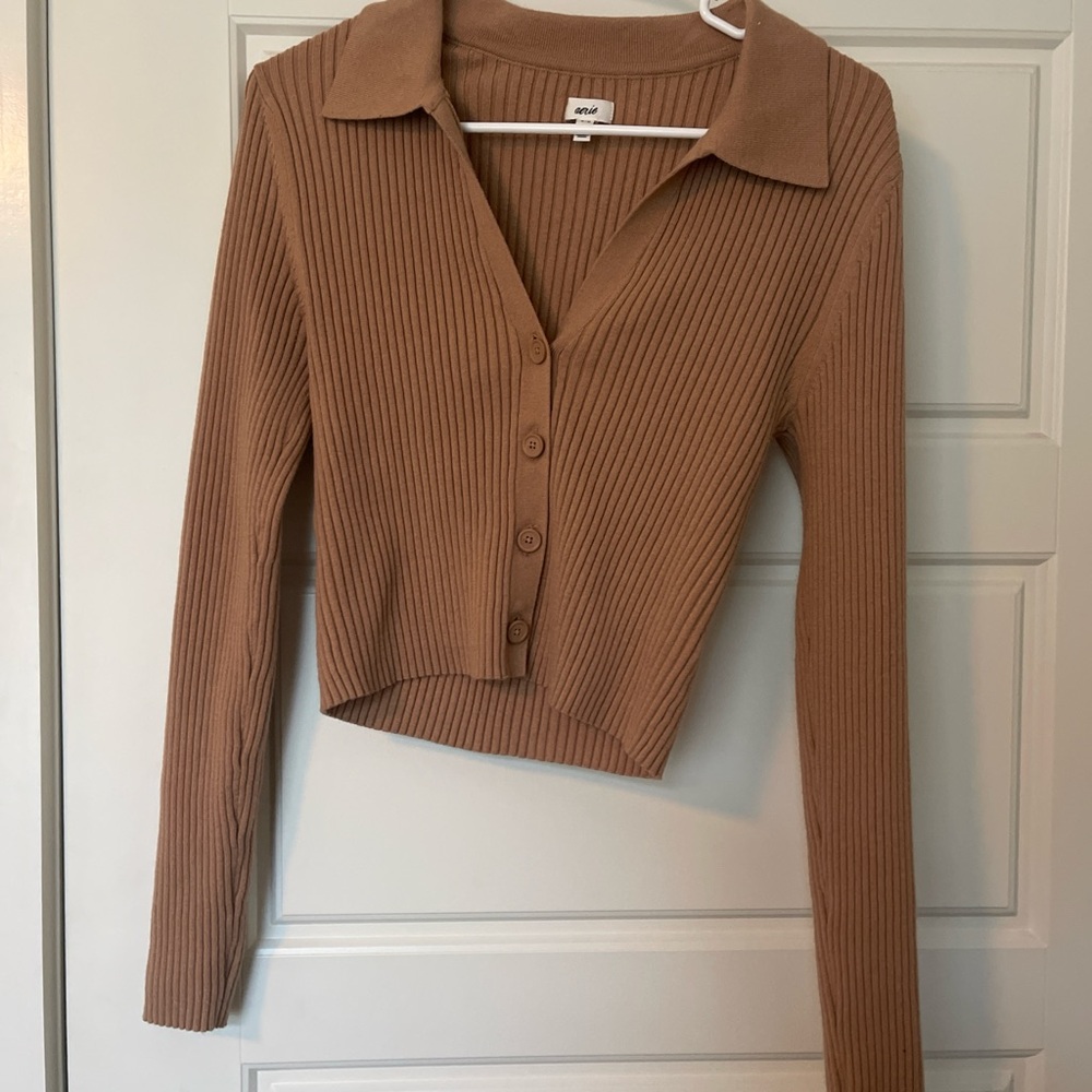 Aerie Tan Ribbed Button-Up Cardigan